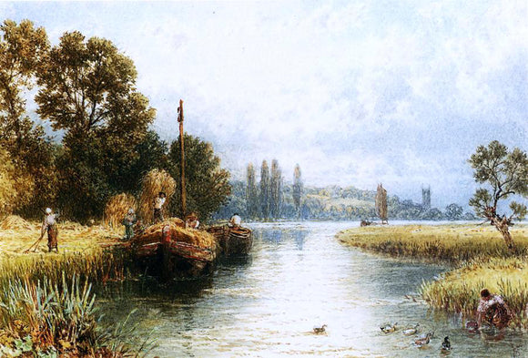 Myles Birket Foster Loading the Hay Barges, with a Young Woman Taking Water from the River in the Foreground - Canvas Art Print