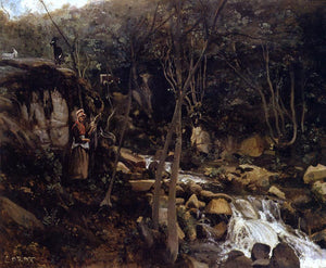  Jean-Baptiste-Camille Corot Lormes - A Waterfall with a Standing Peasant, Spinning Wool - Canvas Art Print