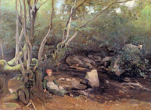  Jean-Baptiste-Camille Corot Lormes - Shepherdess Sitting Under Trees Beside a Stream - Canvas Art Print