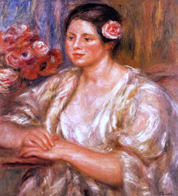  Pierre Auguste Renoir Madelaine in a White Blouse and a Bouquet of Flowers - Canvas Art Print