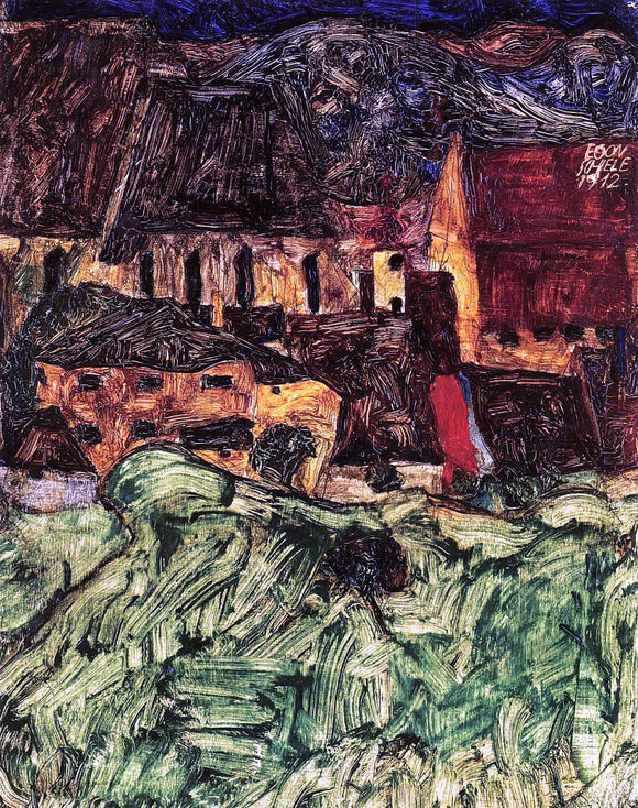  Egon Schiele Meadow, Church and Houses - Canvas Art Print