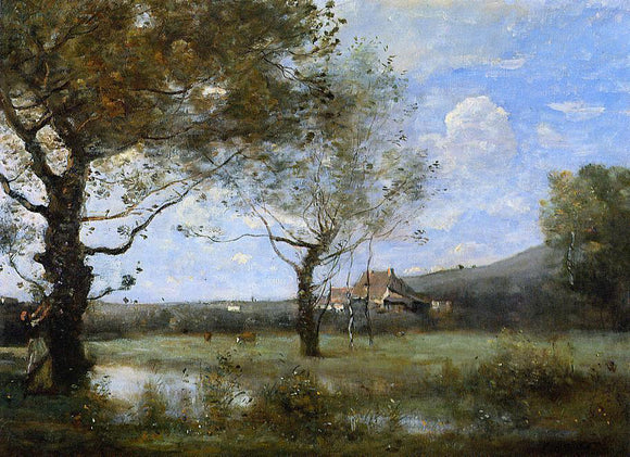  Jean-Baptiste-Camille Corot Meadow with Two Large Trees - Canvas Art Print