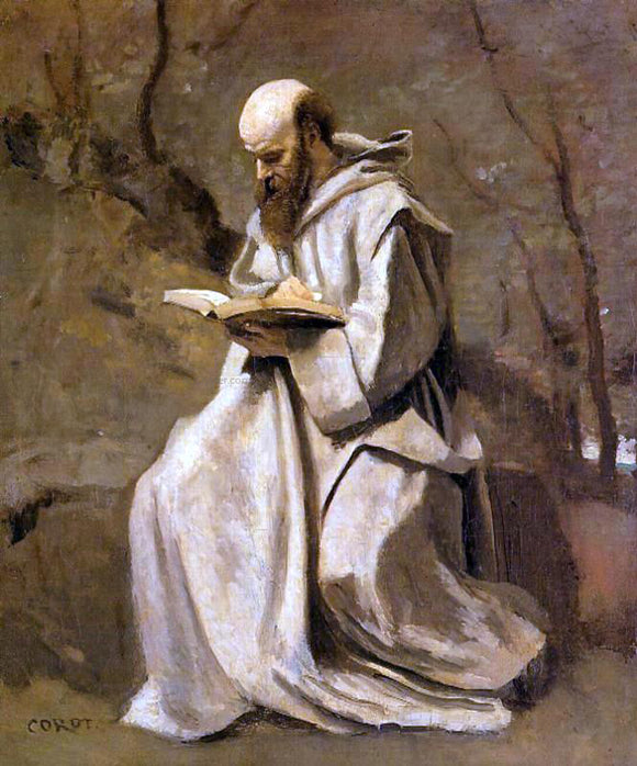  Jean-Baptiste-Camille Corot Monk in White, Seated, Reading - Canvas Art Print