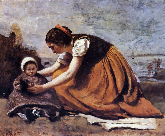  Jean-Baptiste-Camille Corot Mother and Child on the Beach - Canvas Art Print