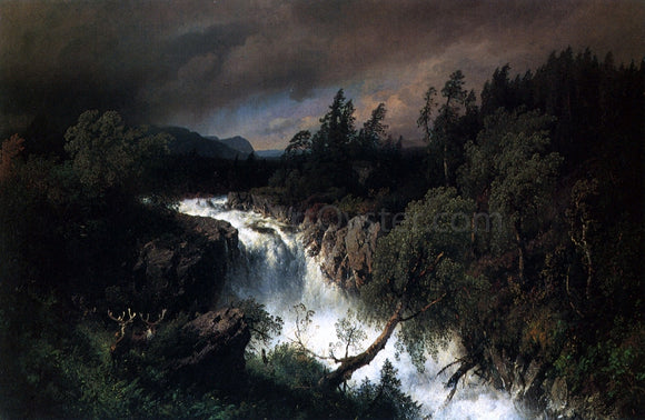  Herman Herzog Mountain Landscape and Waterfall - Canvas Art Print
