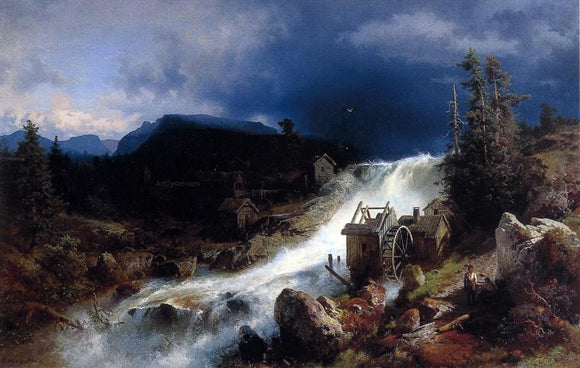  Herman Herzog Mountain Landscape with Watermill - Canvas Art Print
