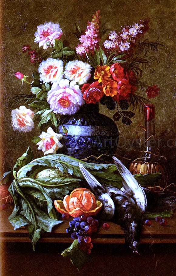  Modeste Carlier Nature Morte Aux Fleurs Et A L'Orange - Canvas Art Print