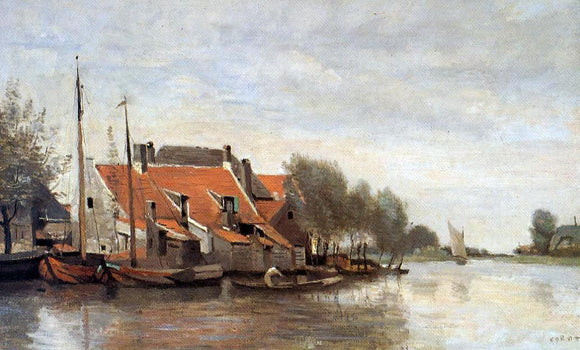  Jean-Baptiste-Camille Corot Near Rotterdam, Small Houses on the Banks of a Canal - Canvas Art Print