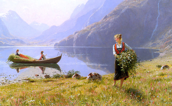  Hans Dahl On The Banks of the Fjord - Canvas Art Print