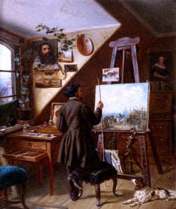  Gustav Adolf Friedrich Painting Horses In The Studio, A Self Portrait - Canvas Art Print