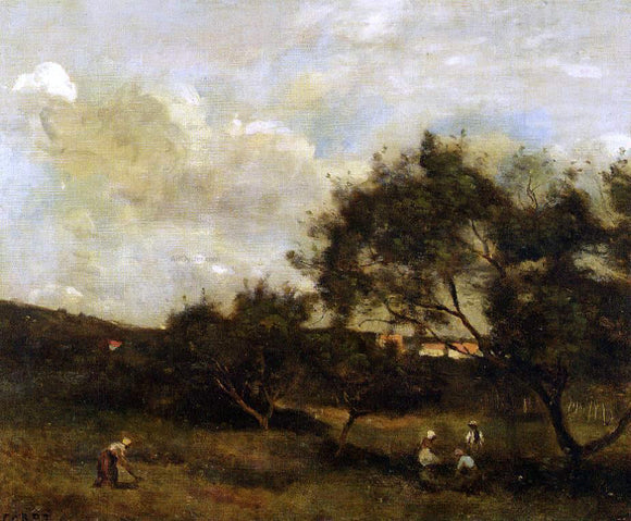  Jean-Baptiste-Camille Corot Peasants near a Village - Canvas Art Print