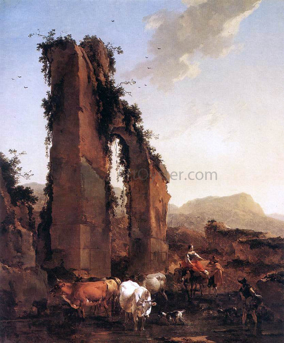  Nicolaes Berchem Peasants with Cattle by a Ruined Aqueduct - Canvas Art Print