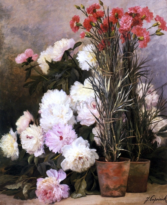  Jean Capeinick Peonies and Red Carnations - Canvas Art Print