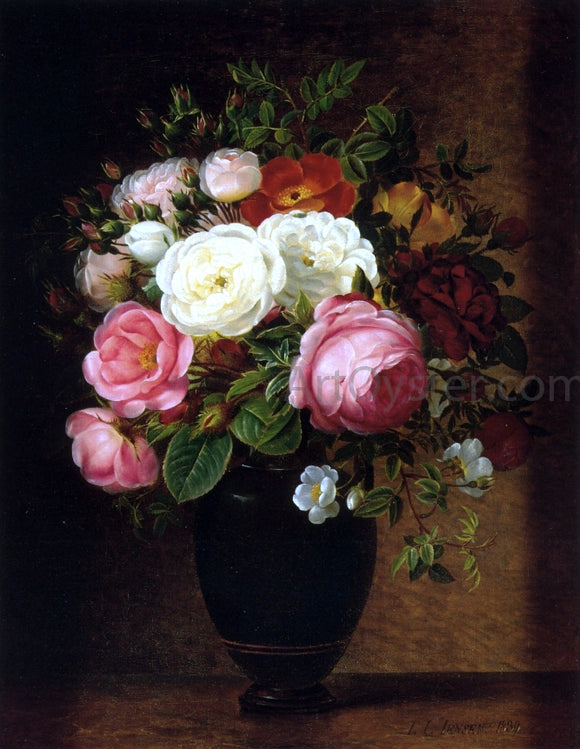 Johan Laurentz Jensen Pink and White Roses in a Black Glaze Amphora on a Brown Marble Ledge - Canvas Art Print