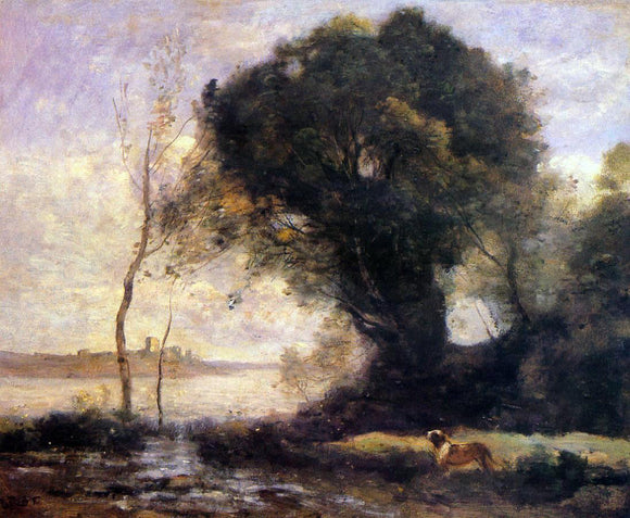  Jean-Baptiste-Camille Corot Pond with Dog - Canvas Art Print