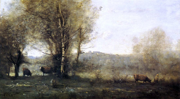  Jean-Baptiste-Camille Corot Pond with Three Cows (also known as Souvenir of Ville d'Avray) - Canvas Art Print