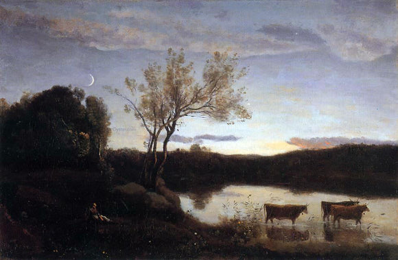  Jean-Baptiste-Camille Corot Pond with Three Cows and a Crescent Moon - Canvas Art Print