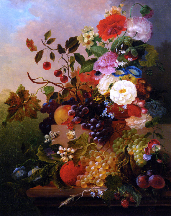  Jan Van Der Waarden Poppies Peonies Roses and other Flowers with Grapes on a Marble Ledge - Canvas Art Print