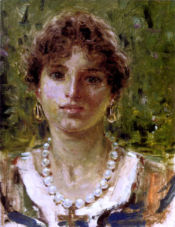  Francesco Paolo Michetti Portrait of a Girl Wearing A Pearl Necklace - Canvas Art Print