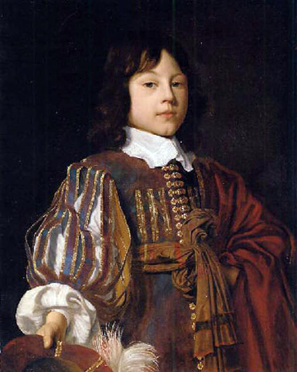  Jan Mytens Portrait of a young gentleman in a burgundy doublet with slashed sleeves and a sash, a feathered cap in hand - Canvas Art Print