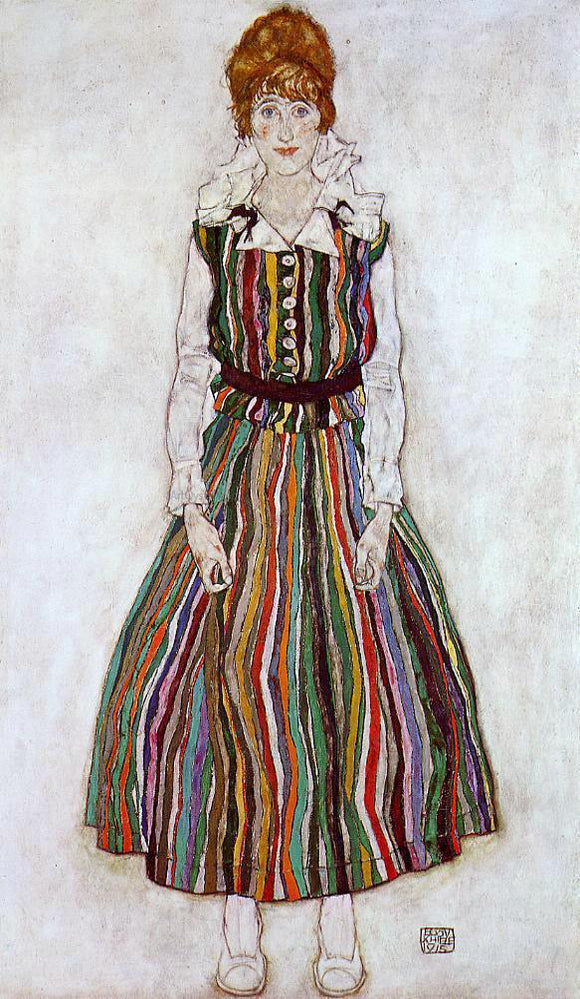  Egon Schiele Portrait of Edith Schiele in a Striped Dress - Canvas Art Print
