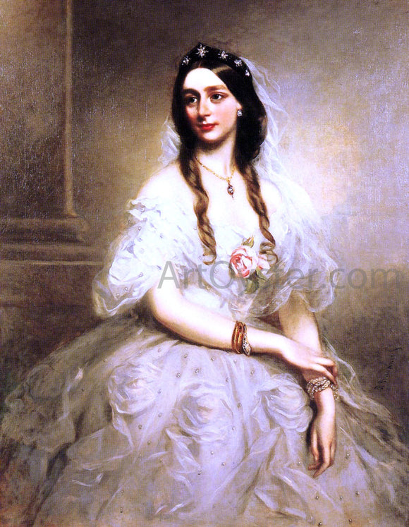  Richard Buckner Portrait of Mrs C.W.Stoughton, three-quarter length, wearing a white dress - Canvas Art Print