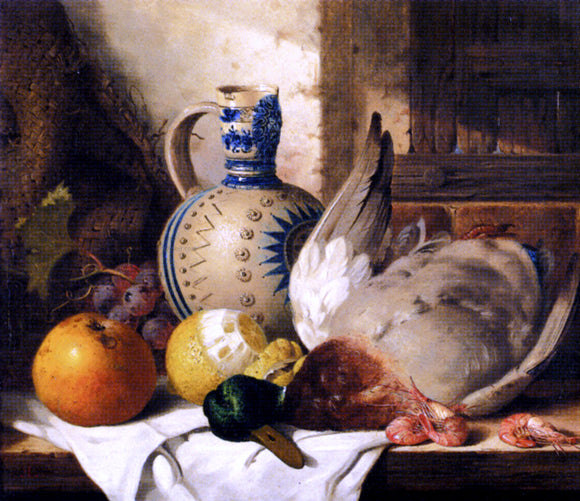  Edward Ladell Prawns, A Mallard, A Lemon, An Apple, Grapes And A Stoneware Jug On A Draped Wooden Ledge - Canvas Art Print