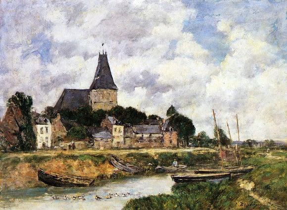  Eugene-Louis Boudin Quillebeuf, View of the Church from the Canal - Canvas Art Print