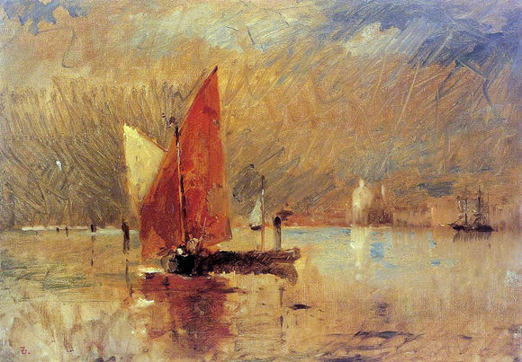 Frank Duveneck Red Sail in the Harbor at Venice - Canvas Art Print