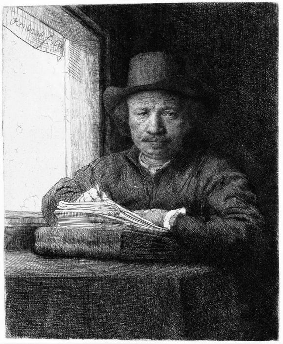  Rembrandt Van Rijn Rembrandt Drawing at a Window - Canvas Art Print