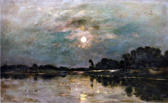  Charles Francois Daubigny Riverbank in Moonlight - Canvas Art Print