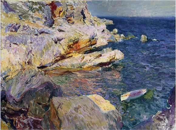  Joaquin Sorolla Y Bastida Rocks and White Boat, Javea - Canvas Art Print