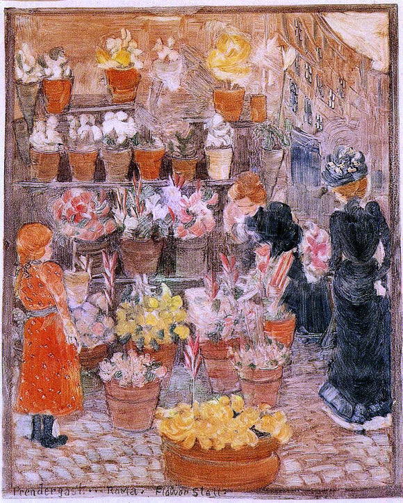  Maurice Prendergast Roma: Flower Stall (also known as Flower Stall or Roman Flower Stall) - Canvas Art Print