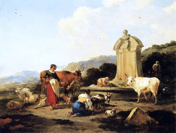  Nicolaes Berchem Roman Fountain with Cattle and Figures - Canvas Art Print