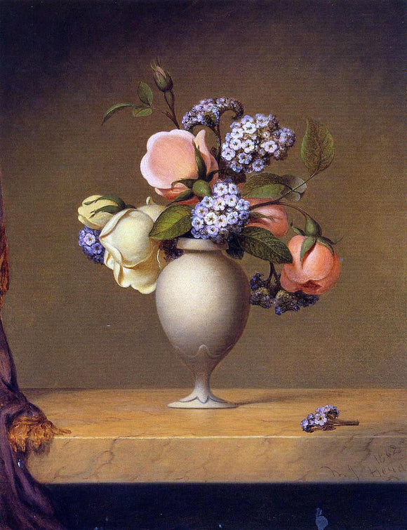  Martin Johnson Heade Roses and Heliotrope in a Vase on a Marble Tabletop - Canvas Art Print