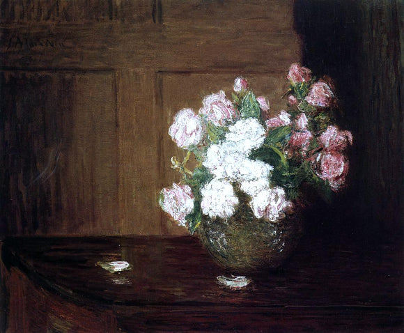  Julian Alden Weir Roses in a Silver Bowl on a Mahogany Table - Canvas Art Print