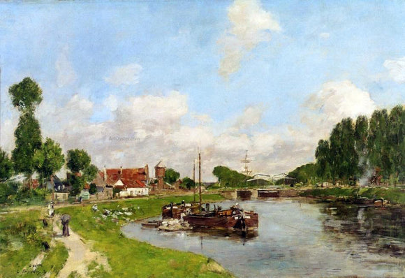  Eugene-Louis Boudin Saint-Velery-sur-Somme, Barges on the Canal - Canvas Art Print