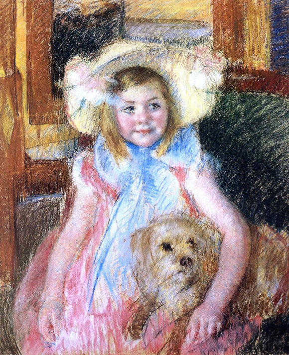  Mary Cassatt Sara in a Large Flowered Hat, Looking Right, Holding Her Dog - Canvas Art Print