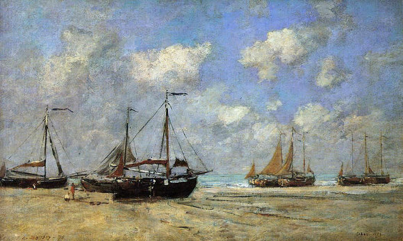  Eugene-Louis Boudin Scheveningen, Boats Aground on the Shore - Canvas Art Print