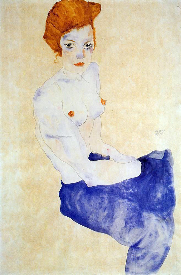  Egon Schiele Seated Girl with Bare Torso and Light Blue Skirt - Canvas Art Print