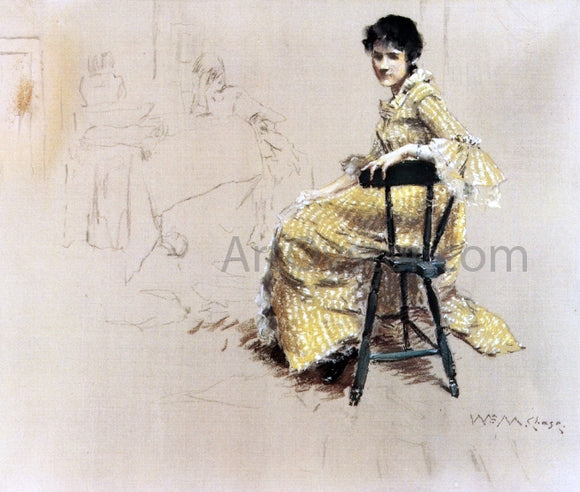  William Merritt Chase Seated Woman in Yello Striped Gown - Canvas Art Print