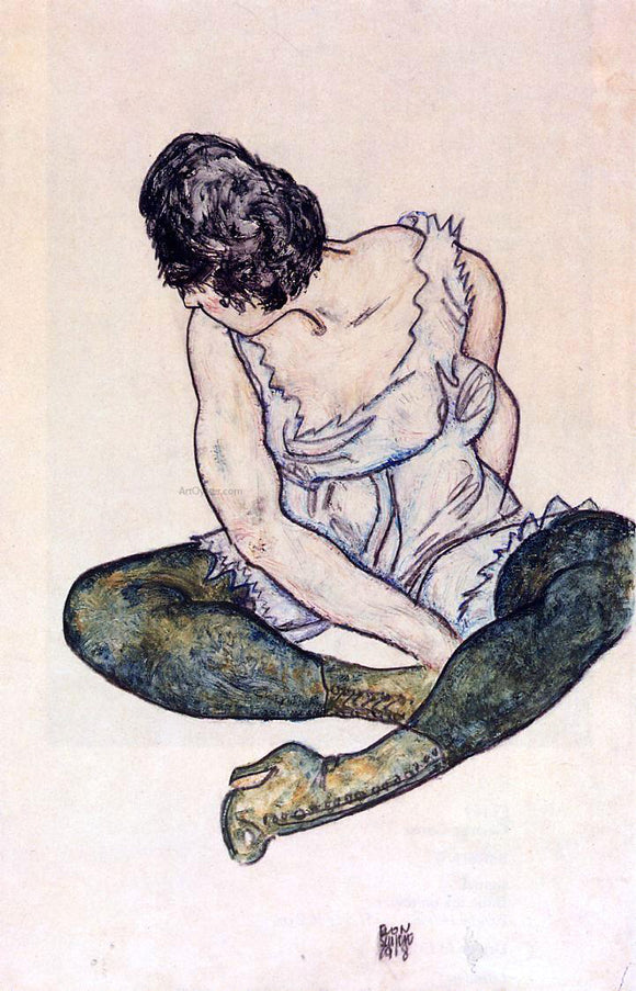  Egon Schiele Seated Woman with Green Stockings - Canvas Art Print