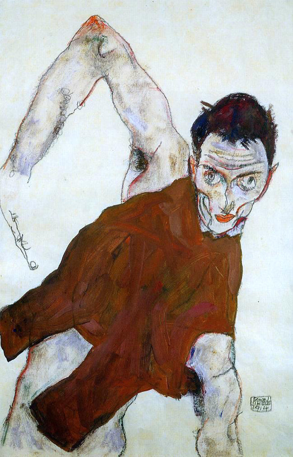  Egon Schiele Self Portrait in Jerkin with Right Elbow Raised - Canvas Art Print