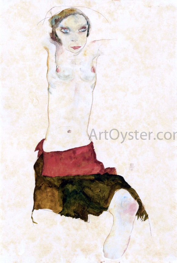  Egon Schiele Semi-Nude with Colored Skirt and Raised Arms - Canvas Art Print