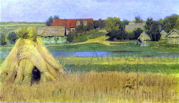  Isaac Ilich Levitan Sheaves and a Village Beyond the River - Canvas Art Print