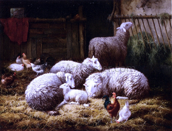  Theo Van Sluys Sheep, Roosters and Chickens in a Barn - Canvas Art Print