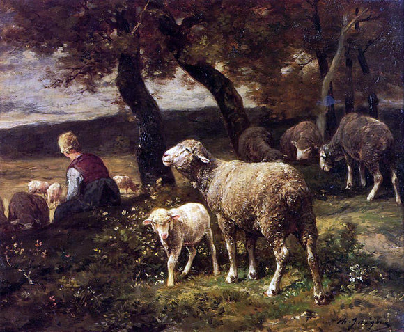  Charles Emile Jacque Shepherdess and Sheep - Canvas Art Print