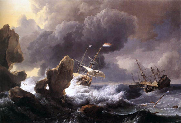  Ludolf Backhuysen A Ship in Distress off a Rocky Coast - Canvas Art Print