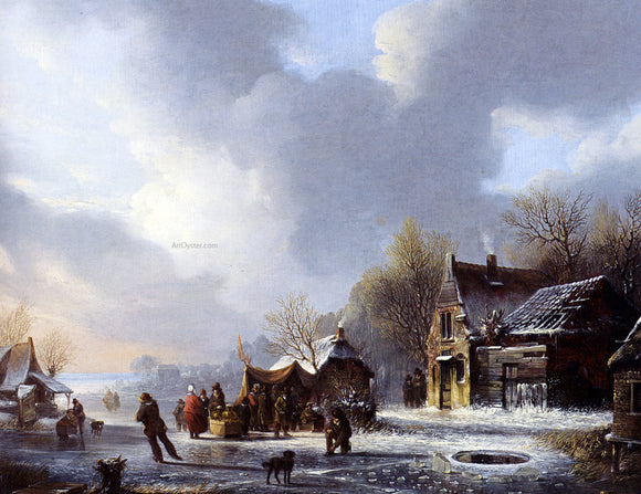  Jacobus Van Der Stok Skaters On A Frozen River Near A 'Koek En Zopie' - Canvas Art Print