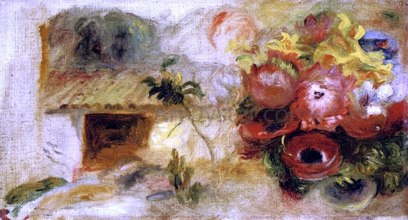 Pierre Auguste Renoir Small House, Buttercups and Diverse Flowers (study) - Canvas Art Print